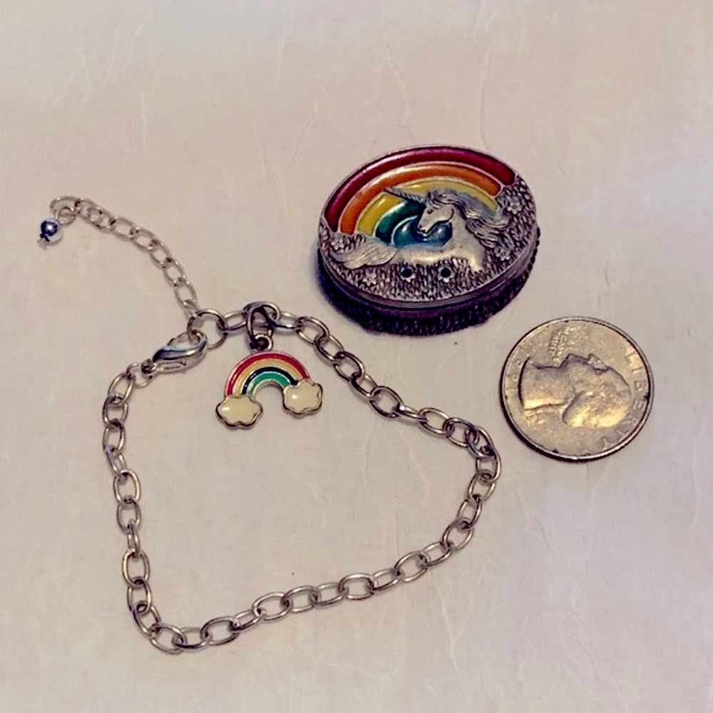VINTAGE MS.DEE UNICORN RAINBOW TRINKET BOX PEWTER W/CHARM BRACELET
